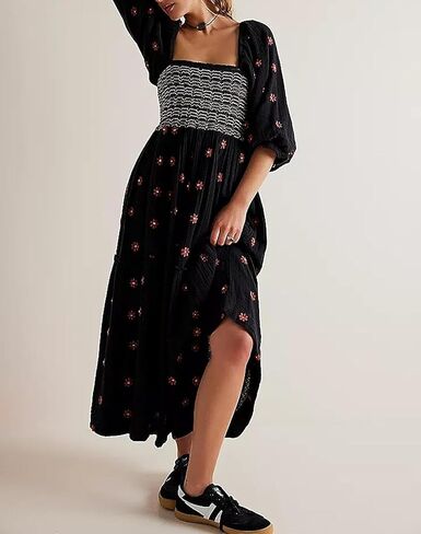 Women Casual Bohemian Floral Dress Square Neck Ruffle Swing A Line Dress Long Sleeve Beach Maxi Dress in Saudi Arabia