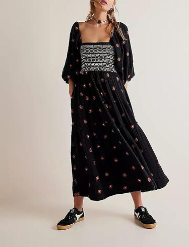 Women Casual Bohemian Floral Dress Square Neck Ruffle Swing A Line Dress Long Sleeve Beach Maxi Dress in Saudi Arabia
