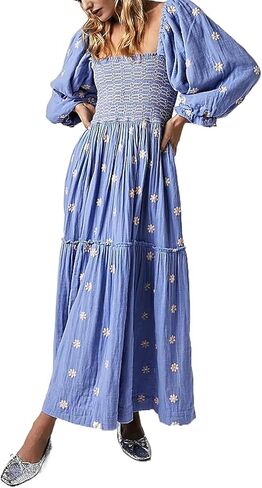 Women Casual Bohemian Floral Dress Square Neck Ruffle Swing A Line Dress Long Sleeve Beach Maxi Dress in Saudi Arabia