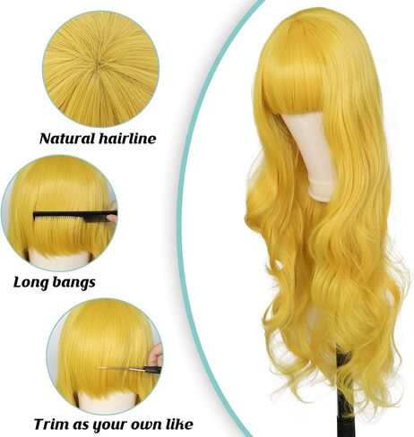 Anogol Hair Cap+Synthetic Wigs Blonde Cosplay Wig With Bangs Long Straight Hair For Daily Life For Halloween Cosplay Party Wig For Christmas Wig in Kuwait