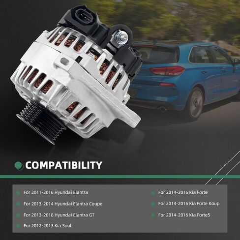 373002E200 Alternator Fits for Hyundai Elantra/Elantra GT/Elantra Coupe |Fit for Kia Soul/Forte/Forte5/Forte Koup, 2011-2018#12V/90A Clockwise, 6-Groove Clutch Pulley in Kuwait