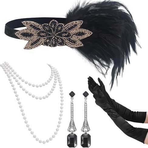 1920s Flapper Accessories Set Include Black Long Opera Gloves Flapper Headpiece Pearl Necklace Vintage Earrings in Saudi Arabia
