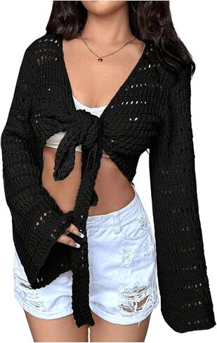 Women's Lightweight Cardigan Tie Front Long Sleeve Hollow Out Crochet Knit Bolero Shrug for Women in Saudi Arabia