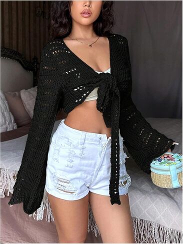 Women's Lightweight Cardigan Tie Front Long Sleeve Hollow Out Crochet Knit Bolero Shrug for Women in Saudi Arabia