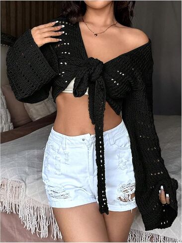 Women's Lightweight Cardigan Tie Front Long Sleeve Hollow Out Crochet Knit Bolero Shrug for Women in Saudi Arabia