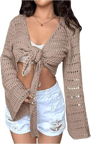 Women's Lightweight Cardigan Tie Front Long Sleeve Hollow Out Crochet Knit Bolero Shrug for Women in Saudi Arabia