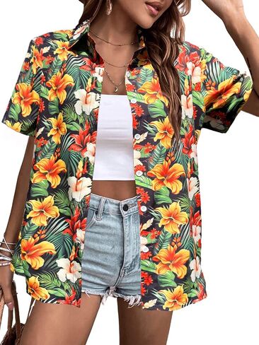 Women's Hawaiian Shirts Floral Tropic Print V Neck Button Down Shirt Summer Hawaii Short Sleeve Blouse Tops in Saudi Arabia