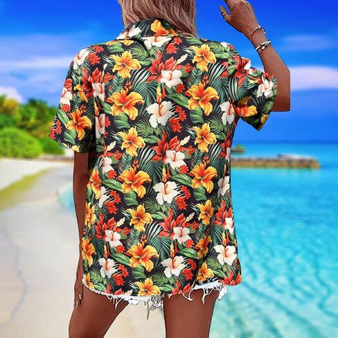Women's Hawaiian Shirts Floral Tropic Print V Neck Button Down Shirt Summer Hawaii Short Sleeve Blouse Tops in Saudi Arabia