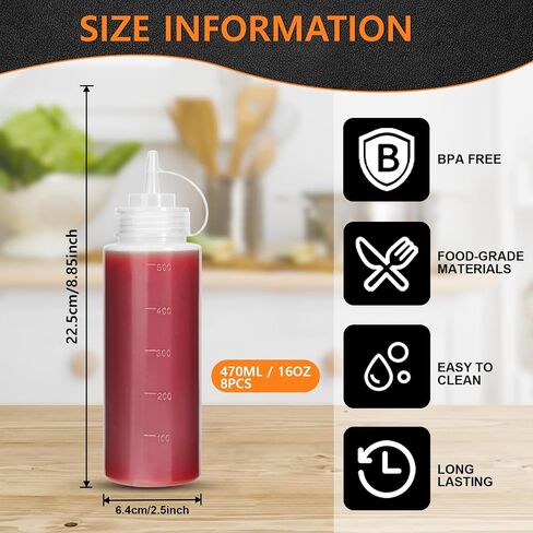 OAMCEG 8OZ Squeeze Bottles - 6 Pack Durable Plastic Condiment Bottles, Squirt Bottle with Discrete Measurements, for Ketchup, BBQ, Sauces, Syrup, Condiments, Dressings, Arts and Crafts in Kuwait