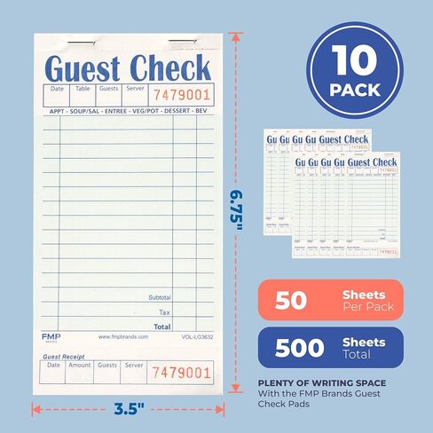 FMP Brands Guest Check Books for Servers, Server Note Pads Paper, Total 250 Sheets (5 Pads), Blue with Guest Receipt, Guest Check Pads, Restaurant Order Pads, Waitress Notepads in Kuwait