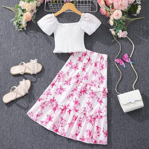 Little Girls Two Pieces Shirred Puff Sleeve Ruffle Hem Tops and High Elastic Waist Ruffle Floral Skirt Sets in Saudi Arabia