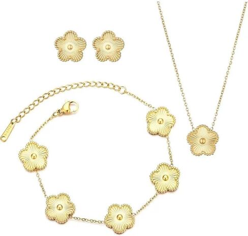 مجموعة مجوهرات فاخرة مكونة من 3 قطع من خمس أوراق البرسيم: قلادة أنيقة، وأقراط مذهلة، وسوار أنيق مطلي بالذهب عيار 18 قيراط - الهدية المثالية للنساء مثالية للمناسبات الخاصة والتألق اليومي in Kuwait