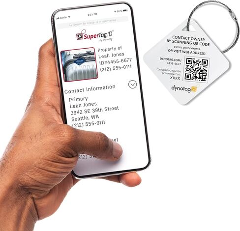 علامة الهوية الذكية التي تدعم الويب Dynotag®، وعلامة Delue Steel مع حلقة فولاذية مضفرة، مع DynoIQ™ وخدمة الاسترداد مدى الحياة. الماس (البرتقال سبليت) in Kuwait