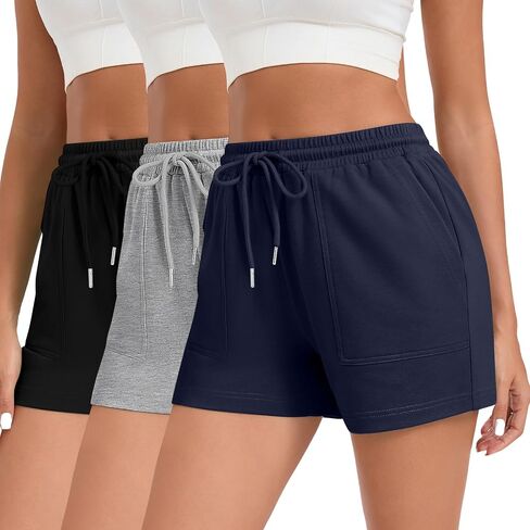 3 Pack Women's Sweat Shorts Athletic Shorts with Pockets 2024 High Waist Drawstring Shorts Casual Summer Shorts in Saudi Arabia