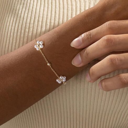 أساور الذهب للنساء - أساور اللؤلؤ المطلية بالذهب عيار 14 قيراط للنساء أساور اللؤلؤ زهرة الأقحوان المطرزة بالذهب in Kuwait