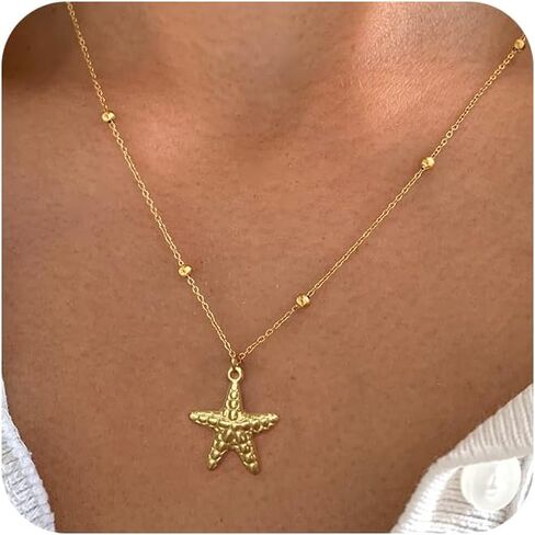 Gold Charm Necklace for Women,14k Gold Plated Waterproof Shell Pendant Necklace Summer Starfish Pearl Choker Necklaces for Women Trendy Paperclip Beach Seashell Sun Charm Necklace Jewelry in Saudi Arabia