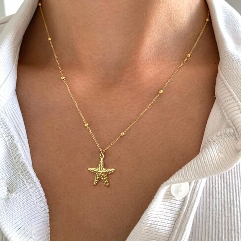 Gold Charm Necklace for Women,14k Gold Plated Waterproof Shell Pendant Necklace Summer Starfish Pearl Choker Necklaces for Women Trendy Paperclip Beach Seashell Sun Charm Necklace Jewelry in Saudi Arabia