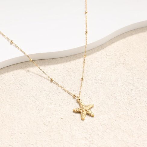 Gold Charm Necklace for Women,14k Gold Plated Waterproof Shell Pendant Necklace Summer Starfish Pearl Choker Necklaces for Women Trendy Paperclip Beach Seashell Sun Charm Necklace Jewelry in Saudi Arabia