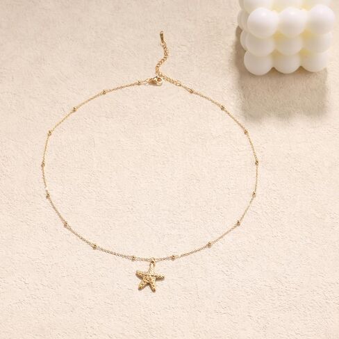 Gold Charm Necklace for Women,14k Gold Plated Waterproof Shell Pendant Necklace Summer Starfish Pearl Choker Necklaces for Women Trendy Paperclip Beach Seashell Sun Charm Necklace Jewelry in Saudi Arabia