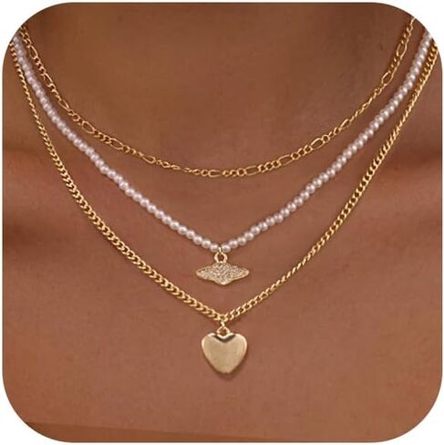 VIROMY Gold Necklace for Women 14k Gold Chain Necklaces Dainty Layered Necklaces Simple Stackable Pendant Necklaces Herringbone Cuban Paperclip Chain Gold Choker Necklaces Gold Jewelry for Women in Saudi Arabia