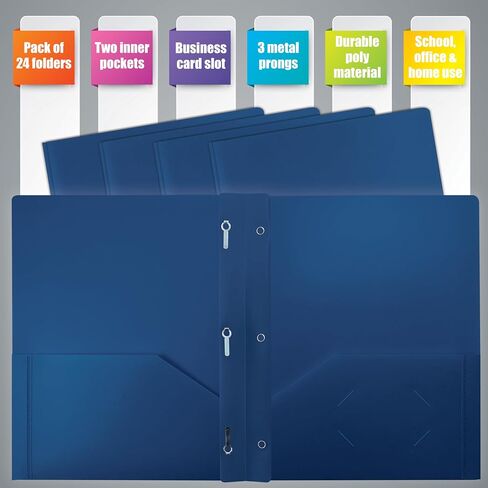 Heavyweight Blue Plastic 2 Pocket Portfolio Folder, Letter Size Poly Folders by Better Office Products, 24 Pack, Royal Blue (with prongs) in Saudi Arabia