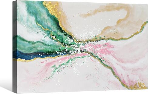 Green Pink Wall Art Abstract Beach Wall Decor Emerald Green Painting Ocean Picture Modern Gold Foil Artwork for Office Living Room Bedroom 36"x24" in Kuwait