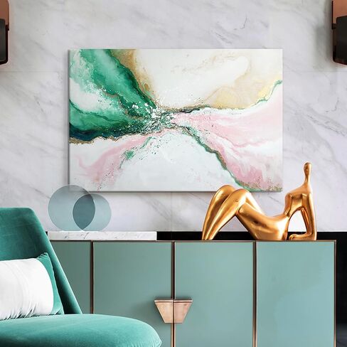Green Pink Wall Art Abstract Beach Wall Decor Emerald Green Painting Ocean Picture Modern Gold Foil Artwork for Office Living Room Bedroom 36"x24" in Kuwait
