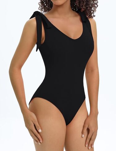 Womens V Neck Sleeveless Bodysuits Tie Shoulder Tank Tops Soft Slim Fit Stretchy Top Jumpsuit Clubwear. in Saudi Arabia
