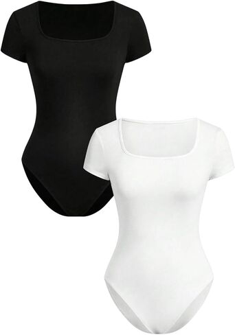 MakeMeChic Women's 2 Pack Short Sleeve Slim Fit Tee Bodysuit Casual Square Neck Solid Basic Leotards in Saudi Arabia