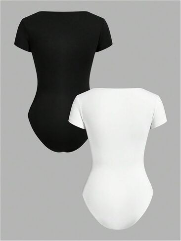 MakeMeChic Women's 2 Pack Short Sleeve Slim Fit Tee Bodysuit Casual Square Neck Solid Basic Leotards in Saudi Arabia