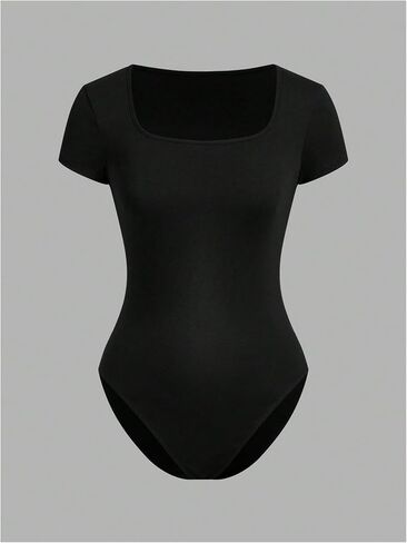 MakeMeChic Women's 2 Pack Short Sleeve Slim Fit Tee Bodysuit Casual Square Neck Solid Basic Leotards in Saudi Arabia