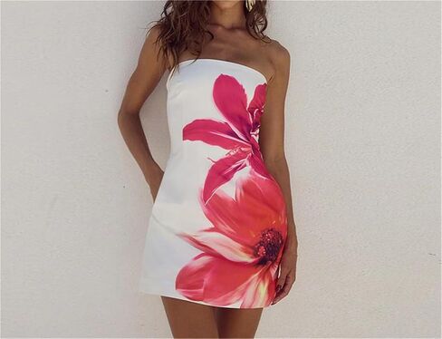 Women Sexy Strapless Floral Pattern Bodycon Tube Mini Dress Summer Skinny Sleeveless Backless Bandeau Tube Dress in Saudi Arabia