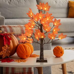 LIGHTSHARE 5FT 96LED Artificial Lighted Maple Tree Warm White Halloween Fall Decorations Indoor Ourdoor, Orange