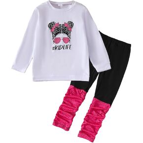 Kids Toddler Girls Clothes Figure Graphic Drop Shoulder Top Pullover Spotted Print Pants Fall Winter Outfit Set