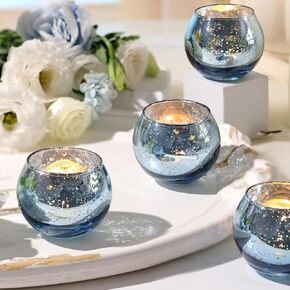 Volens Round Blue Votive Candle Holders Set of 12, Blue Wedding Centerpiece Table Decorations, Mercury Glass Tealight Candle Holder for Bridal Shower, Baby Shower & Home Decor in Saudi Arabia
