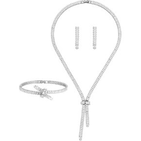 HZMAN Crystal Jewelry Set for Women Bride Dainty 18K White Plated Cubic Zirconia Tassel Stud Earring Knot Necklace Bracelet Wedding Party Jewelry Gift