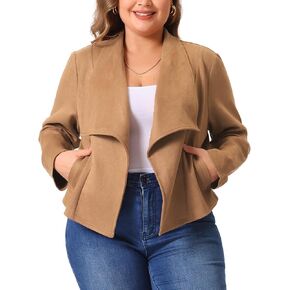 Agnes Orinda Plus Size Faux Suede Jacket for Women Lapel Long Sleeve Open Front Cardigans Outerwear Jackets