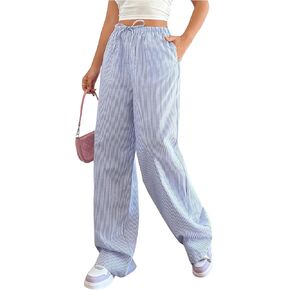 Verdusa Women's Drawstring Waist Striped Loose Lounge Pants Straight Leg Pants with Pocket