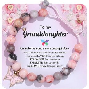 Birthday Bracelet Gift for Girls 6-13 Years Old, Pink Zebra Natural Stone Butterfly Charm Bracelet for Daughter Granddaughter Niece Teenage Girl Birthday Gift