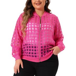 Agnes Orinda Plus Size Bomber Jacket for Women Hollow Out Long Sleeve Baseball Collar Zip Up Outerwear