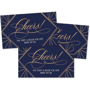 50 Navy Gold Gatsby Drink Ticket Coupons for a Free Drink at Weddings, Work Events or Party Bar, One Free Beer Wine Alcohol Soft Drink or Food Vouchers, Cheers Large Drinking Paper Raffle Cards
