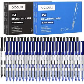 GC QUILL 48 Rollerball Pens 0.5mm Needle Point Black Liquid Ink Pens 24 and Blue Liquid Ink Pens 24 for Bullet Journaling, Office Supplies for Writing, Taking Notes & Sketching BKL48
