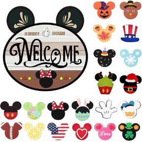 Hot Air Balloon Interchangeable Seasonal Welcome Door Sign for Front Door Decor, Welcome to Our Home Sign with Holiday Pieces for Farmhouse/Wall/Porch Decor Housewarming Gift