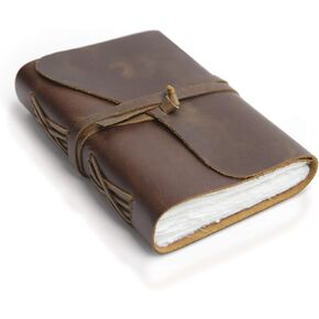 WANDERINGS Vintage Leather Journal - Handmade Leather Bound Notebook with Handmade Ivory Deckle Edge Paper - Perfect for Writing, Watercolors, Sketching, as a Travel Journal or Grimoire, 7x5