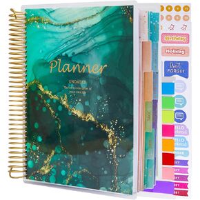 Large Undated Planner, 8.9"x7.1", PET Cover Daily Weekly Monthly Yearly Agenda Organizer Sprial Notebook Journal for 2024, 2025, Page Tabs, Separator Page, Pocket Folder, Sticky Note Set, Green