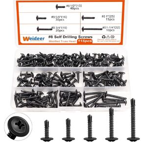 weideer #8 Self Drilling Screws Self Tapping Tek Screws Assortment Kit Black Oxide Truss Head Sheet Metal Screws 410 Stainless Steel 205pcs (1/2"to1-1/4")