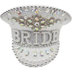 Handcrafted White Stunning Bride Hat Bridal Rhinestone Hat Sequin Captain Hat for Wedding Hen Party