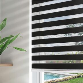 Joydeco Cordless Zebra Blinds for Windows, Dual Layer Free-Stop Zebra Shades Privacy Light Control for Day and Night, Light Filtering Sheer Blinds for Indoor Windows (Black, 30" W x 75" H)