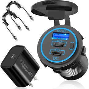 (4-in-1 Combo) PD36W USB C 12V Outlet with Dual Type-C Charging Cable: 90W Multi Port Car Charger Adapter, Marine Cigarette Lighter Mount Socket 12 Volt Plug with Power Switch for Auto RV Boat Motor