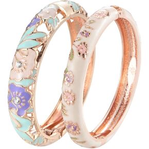 UJOY Vintage Cloisonne Jewelry Handcrafted Bracelets Gorgeous Enameled Flower Gold Plated Cuff Bangles Gifts 88A